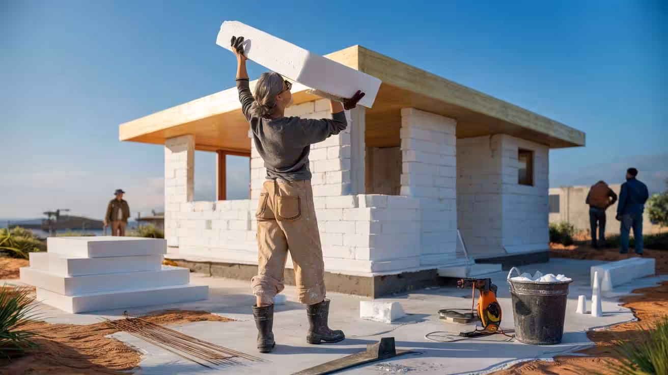 A woman builds a house alone, without bricks or concrete, using only polystyrene foam blocks, plaster, and simple structural reinforcement. Resistant to rain, intense sun, and humidity, she challenges traditional construction methods with a lightweight and inexpensive solution.