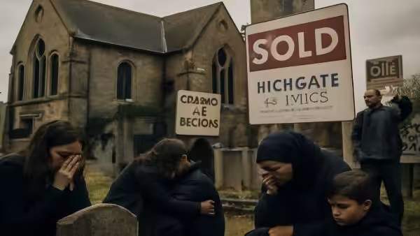 Silent catastrophe at the edge of town: a bankrupt church sells its cemetery to a luxury developer, forcing families to exhume their dead or pay rent for graves in a deal that splits the nation