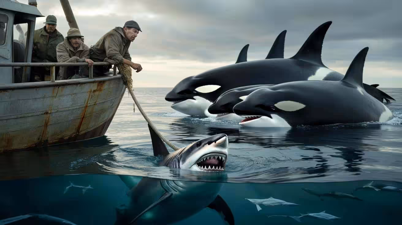 Fishermen describe sharks biting their anchor rope shortly after orcas closed in on their boat during a high tension marine encounter