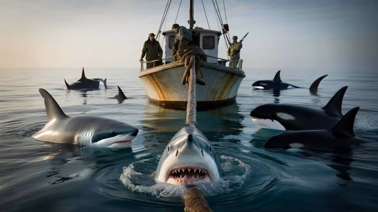 Fishermen report sharks biting their anchor lines just moments after orcas surrounded their boat in a tense marine encounter