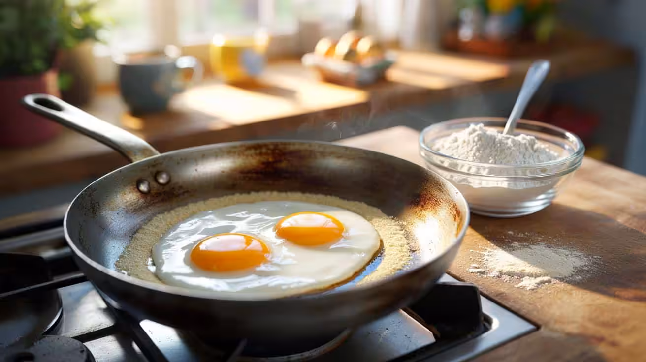 Fried eggs that never stick are possible thanks to a simple flour trick, with no butter, no oil, and no water needed
