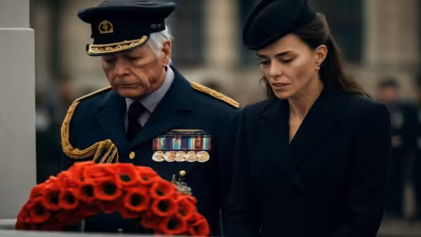 King Charles III and Kate Middleton appear side by side at a military tribute, honoring fallen servicemen with visible emotion