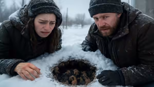 Couple notices small movement in deep snow and uncovers a litter of newborn puppies barely clinging to life