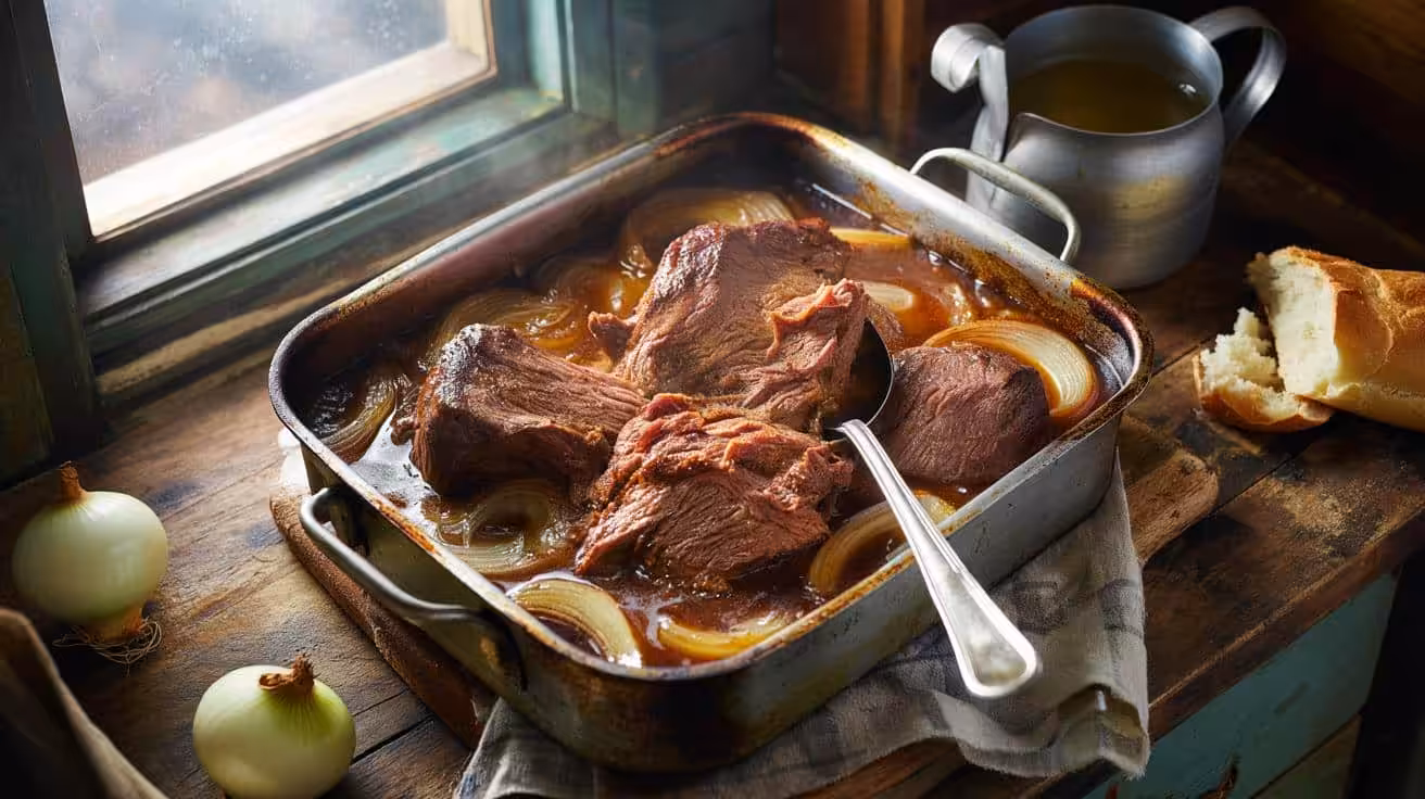 This baked beef dish uses onions and stock to keep the meat tender