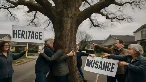 When a neighborhood fights over a dying oak tree: priceless heritage, dangerous nuisance, or just another excuse for people to meddle in each other’s lives