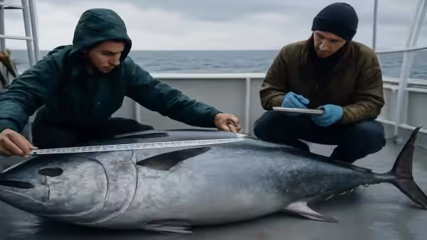A rare giant bluefin tuna is measured and confirmed by marine biologists using peer-reviewed protocols
